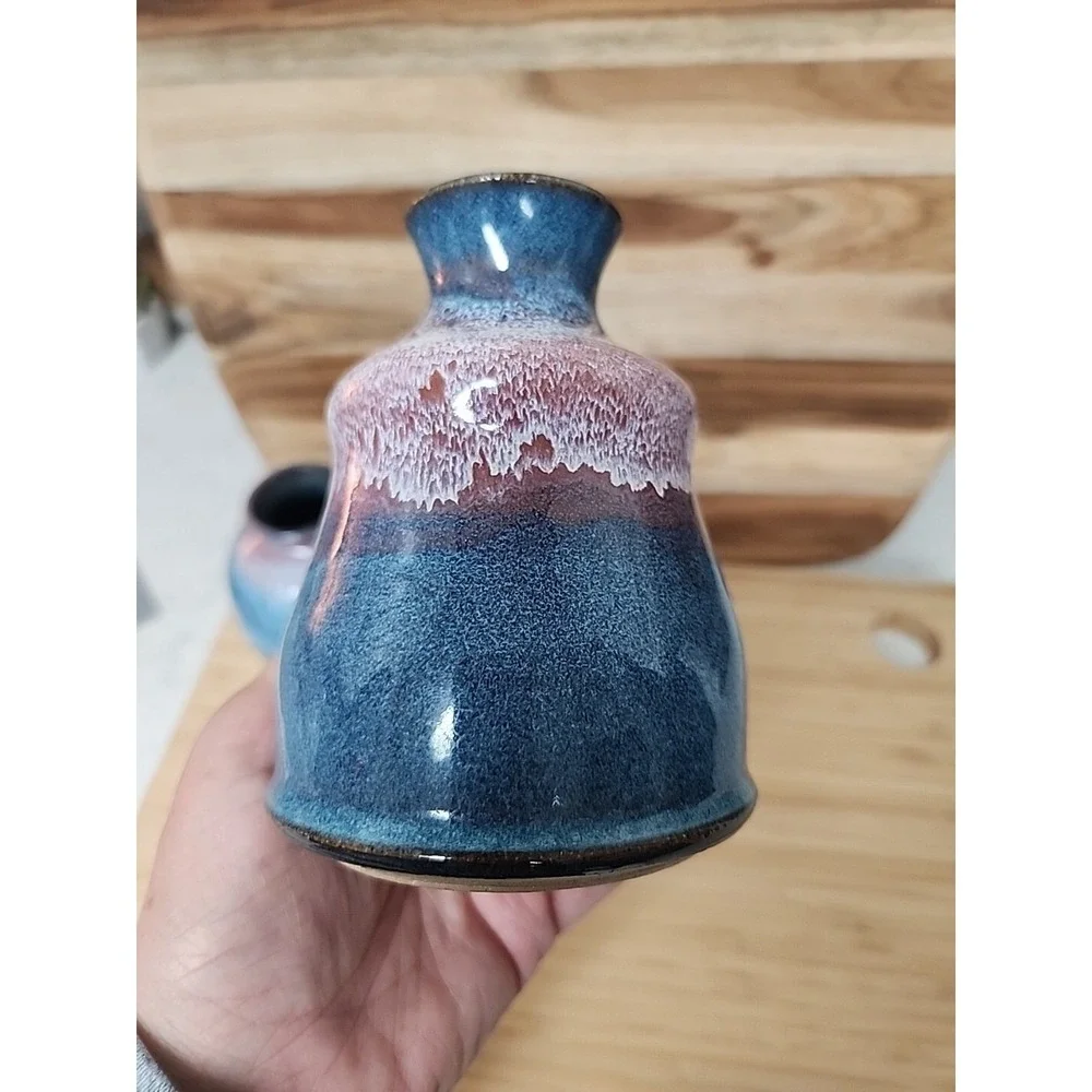 2 Vtg Stoneware Pottery Bud Vases Hand Turned Artist Signed Blue Drip Glaze 5